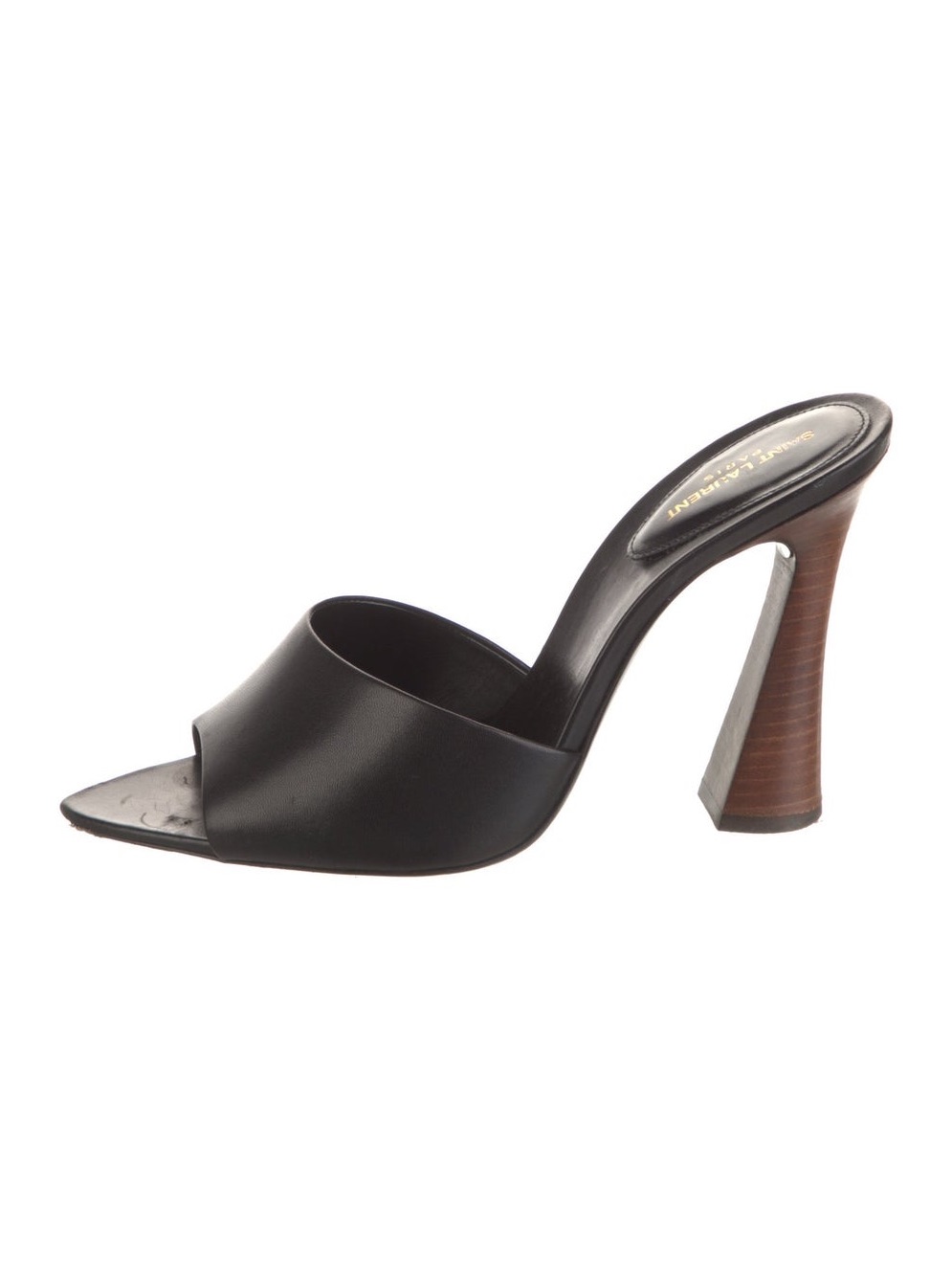 Saint Laurent Black Leather Open-Toe Mule With Brown Stacked Heel